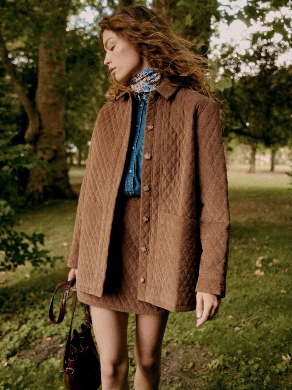 NWT Sezane Quilted Brown Camel Velvet Jacket